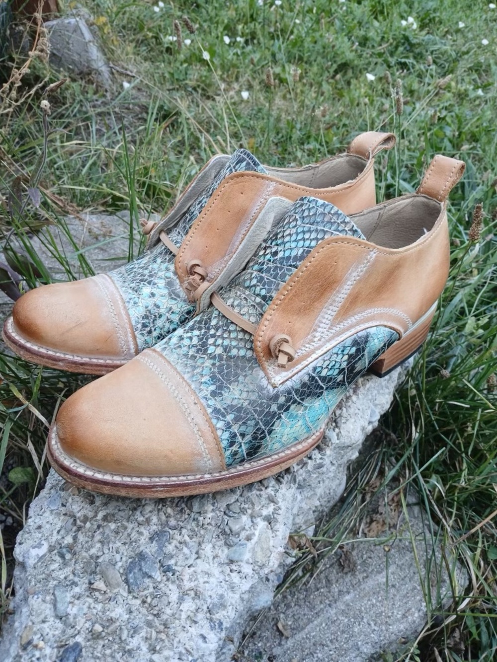 freebird Tan & Teal Snake-Print Leather Oxfords